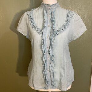 Veeko Wms Sz 38 (US 8) Light Blue Embroidered Peasant Top Ruffles Crepe Fabric